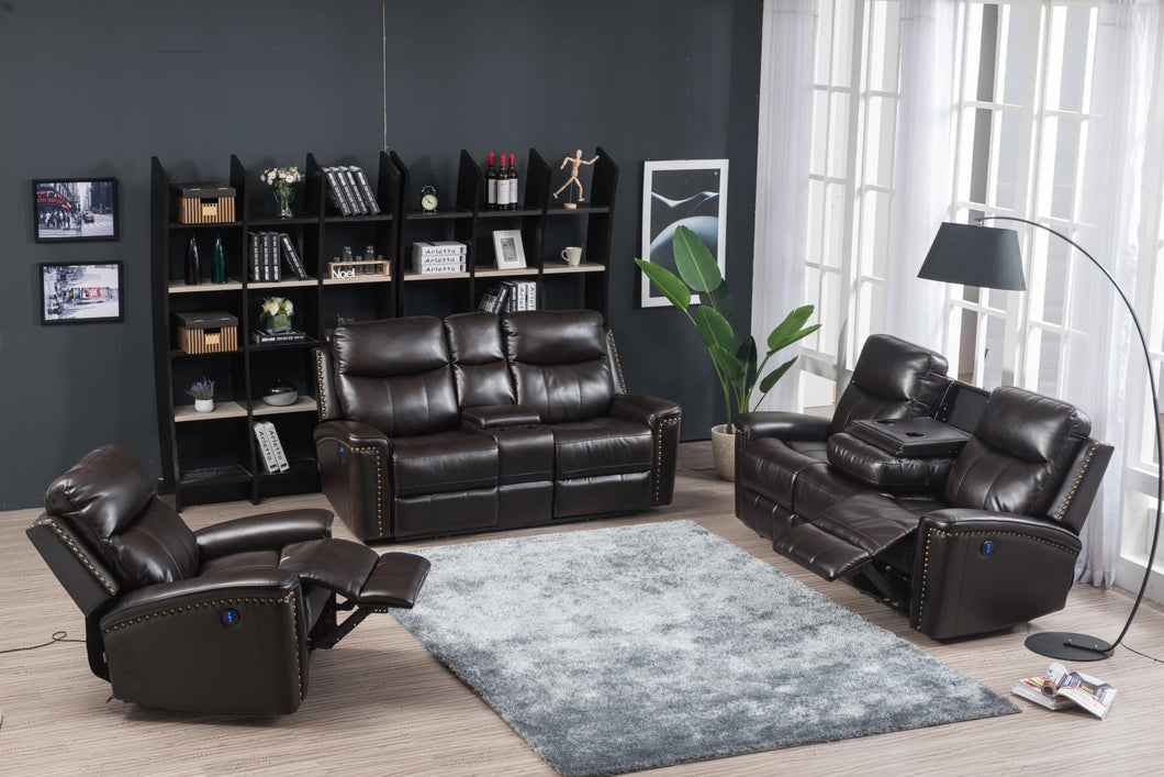 Brown Power Reclining Sofa w/Console, Brown Power Reclining Loveseat w/Console, Brown Power Rocker-Recliner