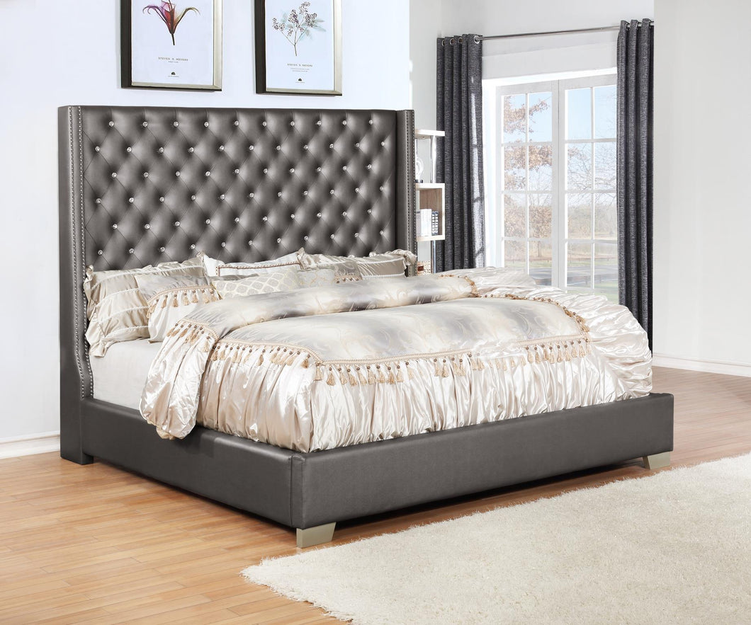 Metallic Charcoal King Bed: 
Headboard W/Wings (Box 1 of 2)
Footboard, Rails & Slats (Box 2 of 2)