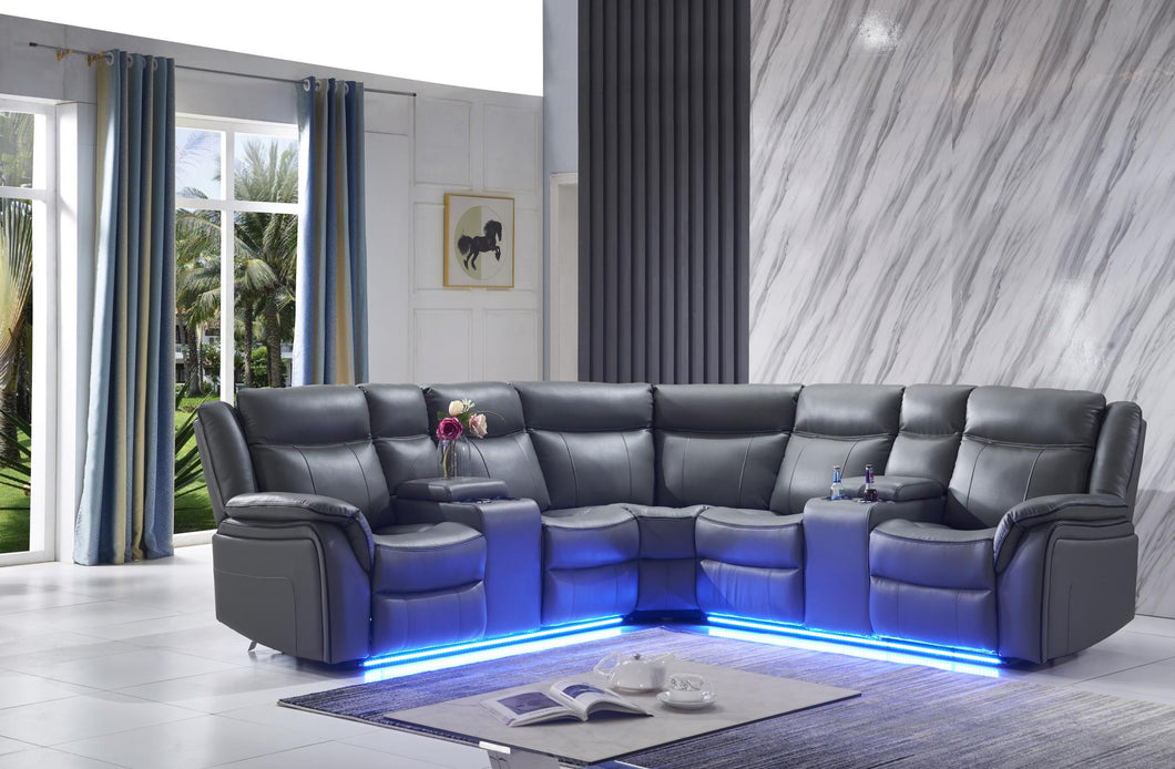 Gray LED Power Sectional:
LAF Loveseat w/Console (Box 1 of 4)
Corner Seat (Box 2 of 4)
Corner Back (Box 3 of 4)
RAF Loveseat w/Console (Box 4 of 4)