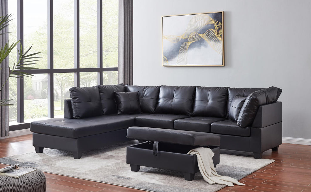 Black Sectional:
LAF Chaise (Box 1 of 2)
RAF Sofa (Box 2 of 2)
, Black Storage Ottoman