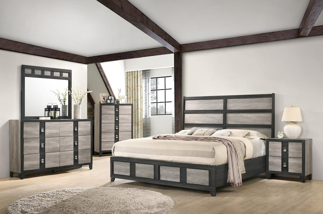 Gray King Bed:
Headboard, Footboard & Slats (Box 1 of 2)
Queen or King Rails (Box 2 of 2), Gray Dresser, Gray Mirror