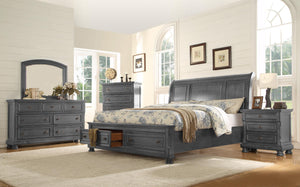 Gray Queen Bed:
Headboard (Box 1 of 3)
Storage Footboard (Box 2 of 3)
King or Queen Rails (Box 3 of 3)