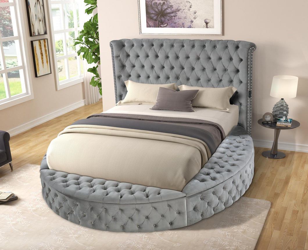 Gray Velvet King Speaker Bed w/USB:
Headboard (Box 1 of 2)
Footboard, Rails w/13 Slats (Box 2 of 2)