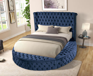 Blue Velvet Queen Speaker Bed w/USB:
Headboard (Box 1 of 2)
Footboard, Rails w/13 Slats (Box 2 of 2)