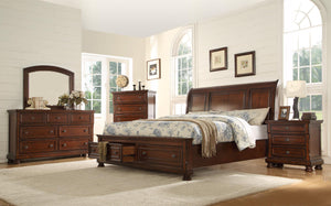 Brown King Bed:
Headboard (Box 1 of 3)
Storage Footboard (Box 2 of 3)
King or Queen Rails (Box 3 of 3), Brown Dresser, Brown Mirror, Brown Chest, Brown Nightstand