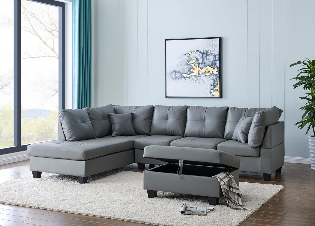 Gray Sectional:
LAF Chaise (Box 1 of 2)
RAF Sofa (Box 2 of 2), Gray Storage Ottoman