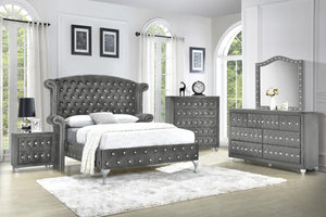 Gray Queen Bed:
Headboard Panel (Box 1 of 3)
Footboard, Rails & Slats (Box 3 of 3)
King or Queen Headboard Wings (Box 2 of 3), Gray Dresser, Gray Mirror